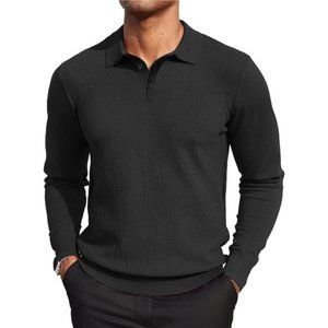 Men's Knit Polo Sweater Long Sleeve Casual Collared Quarter Button